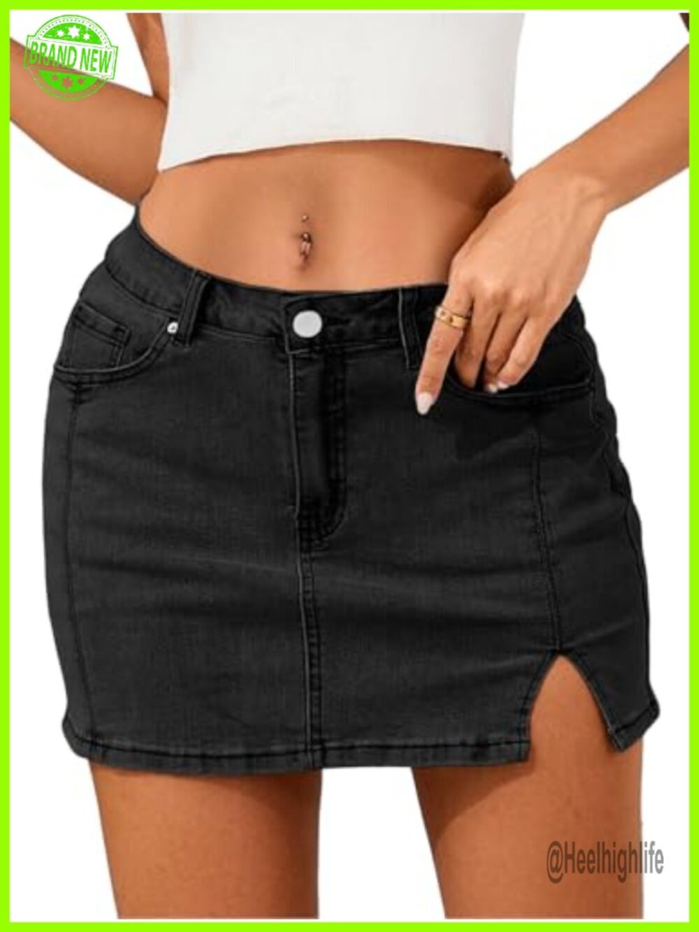 High Waisted Stretchy Denim Mini Skirt with Side Slit
